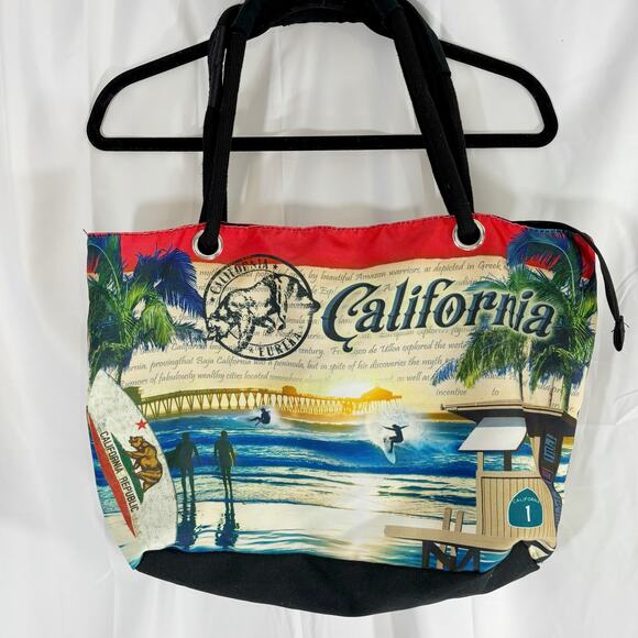 California Beach Tote Bag Surfing, Sunset & Palm Tree Rope Handles Coastal Bag - Picture 1 of 4
